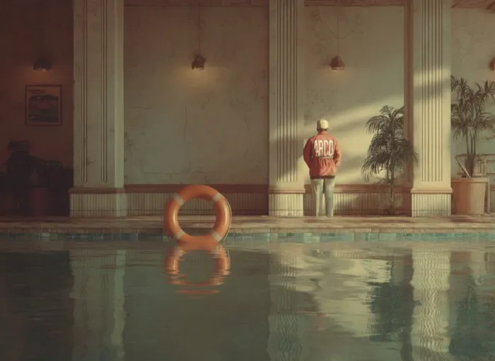Piscina interior con aro salvavidas junto al agua.