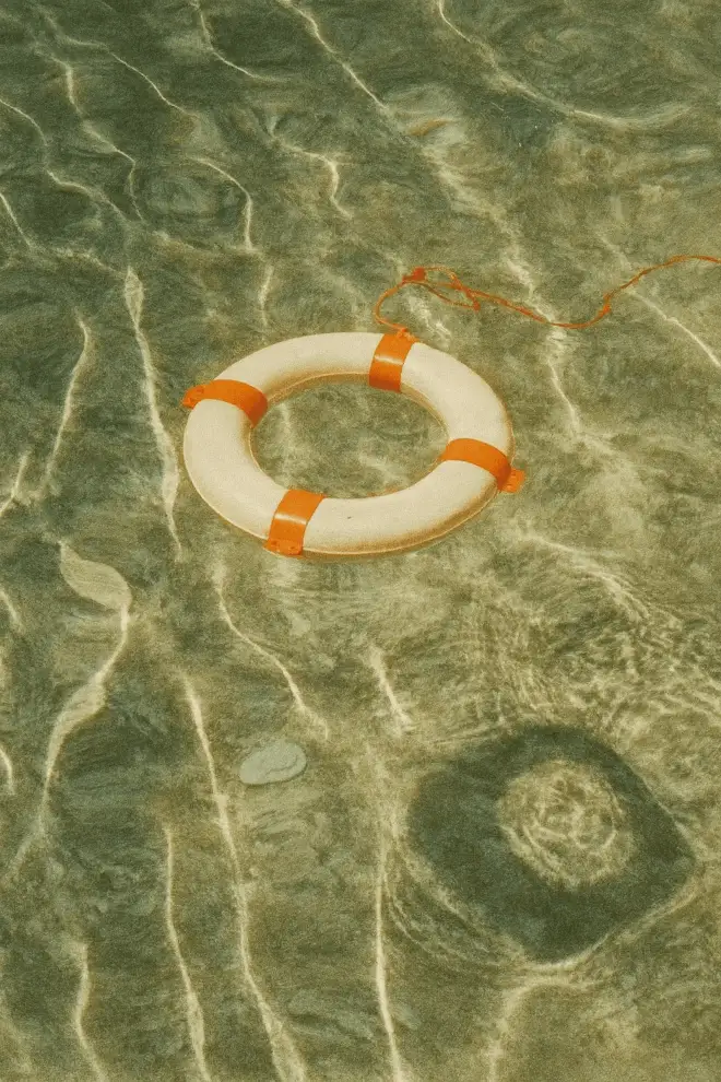 Aro salvavidas flotando sobre una piscina.