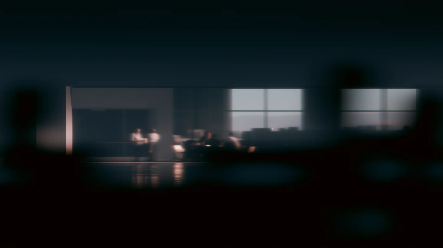 People gathering inside a quiet seasonal workplace at dusk.