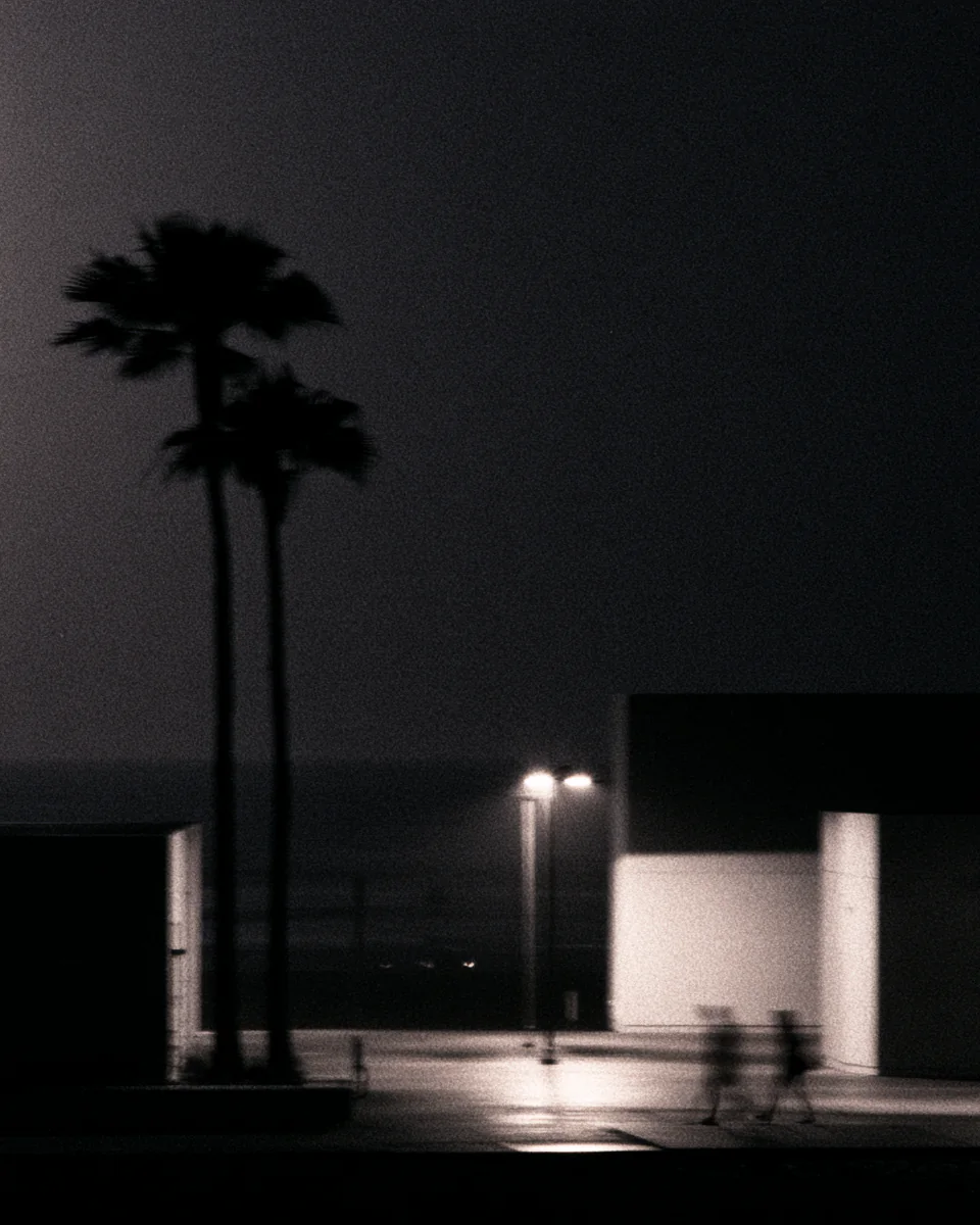 Guests cross a quiet resort courtyard beneath palm trees at dusk.