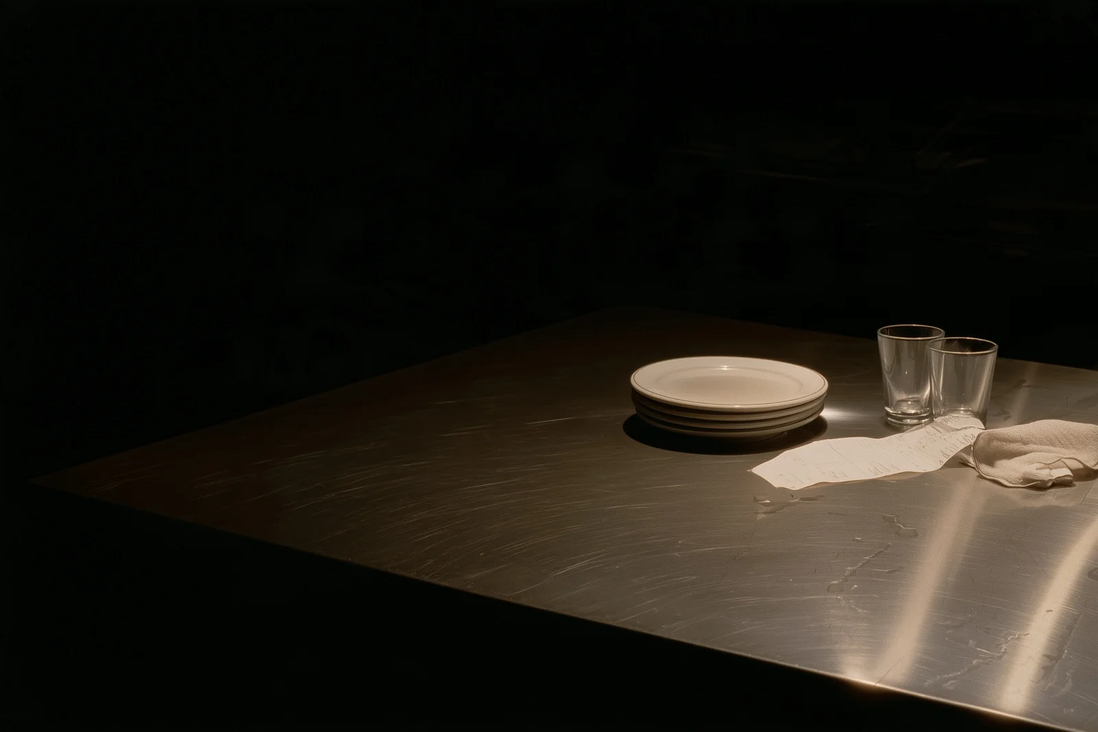 Surfaces and utensils bearing traces of service at closing time.