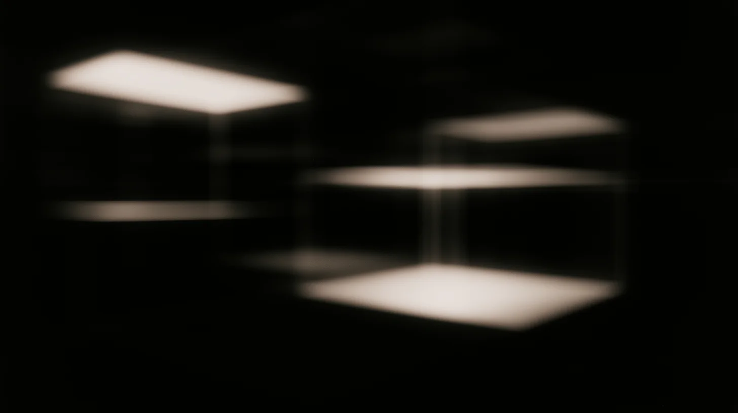 Luminous planes form a disciplined operating system within a dark field.